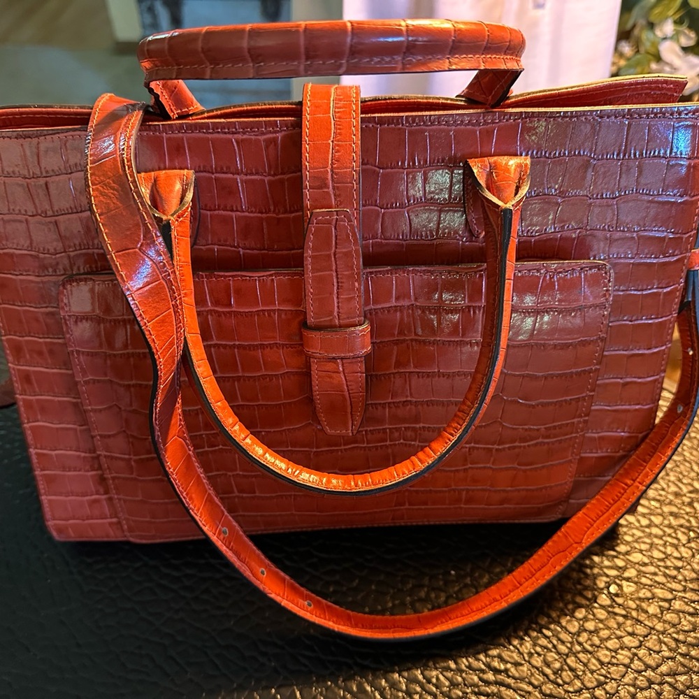 Burnt orange glossy.Crocodile Embossed Tote Bag